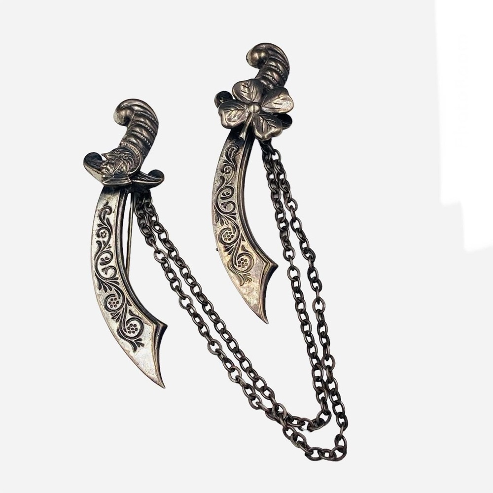 Vintage Sterling Silver Sword Scimitar Chatelaine Brooch